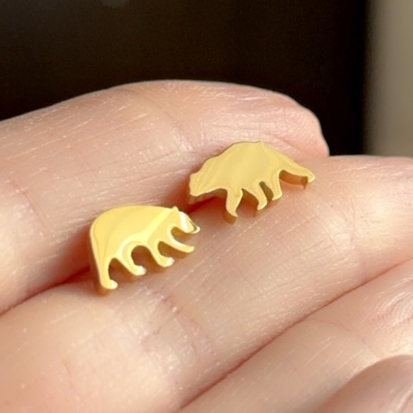 Stainless Steel Gold Polar Bear Stud Earrings - Picture 2 of 8